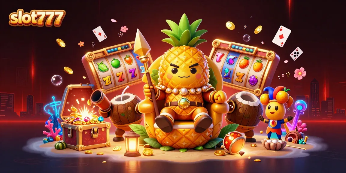 Experience thrilling gameplay at slot777 with the golden pineapple king amid vibrant casino elements and rich treasures.