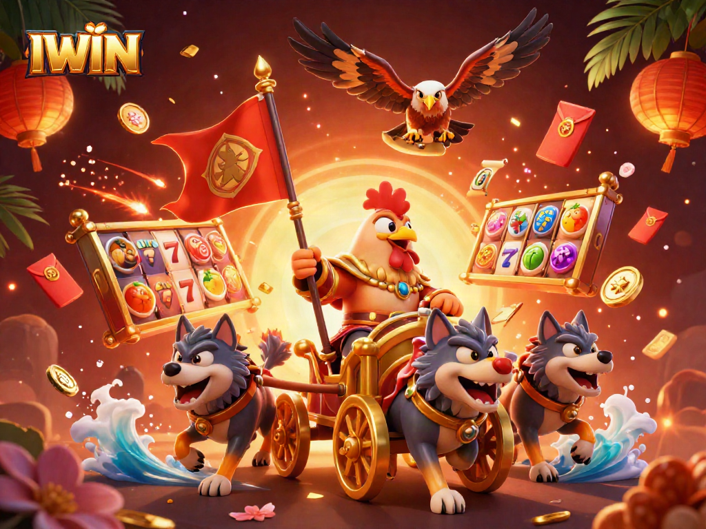 IWIN's vibrant 3D illustration showcases a rooster warlord, casino slot reels, and festive Chinese elements.