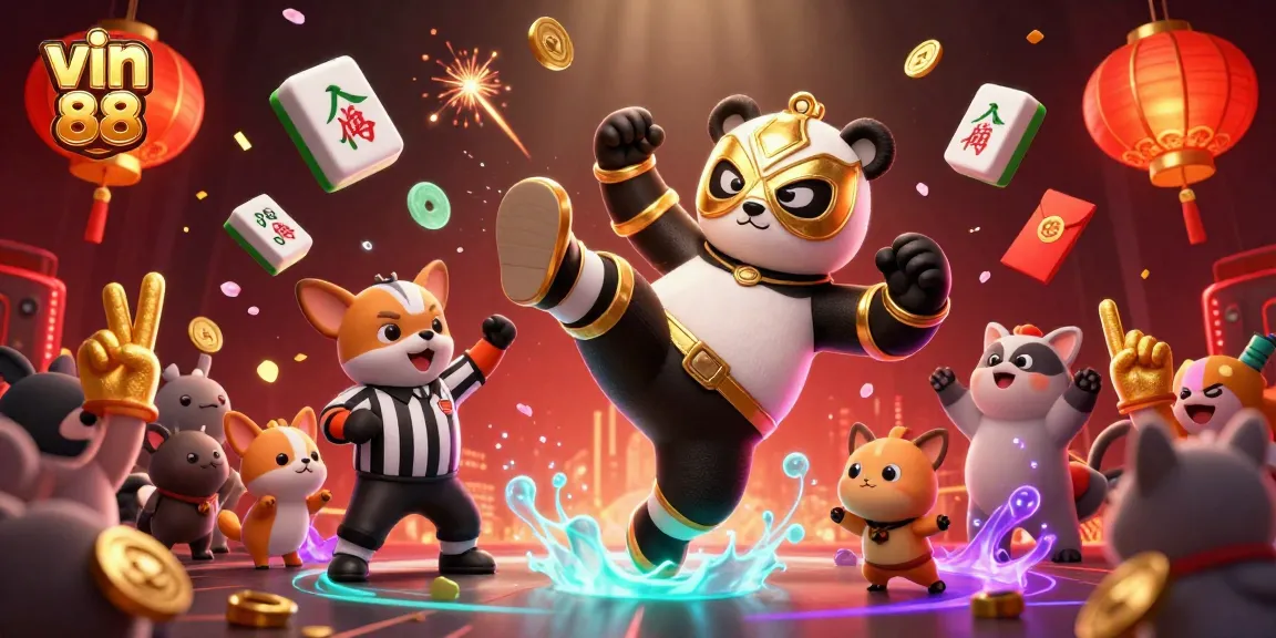Experience thrilling action with vin 88 as the panda wrestler kicks and cheers erupt in this vibrant casino scene.