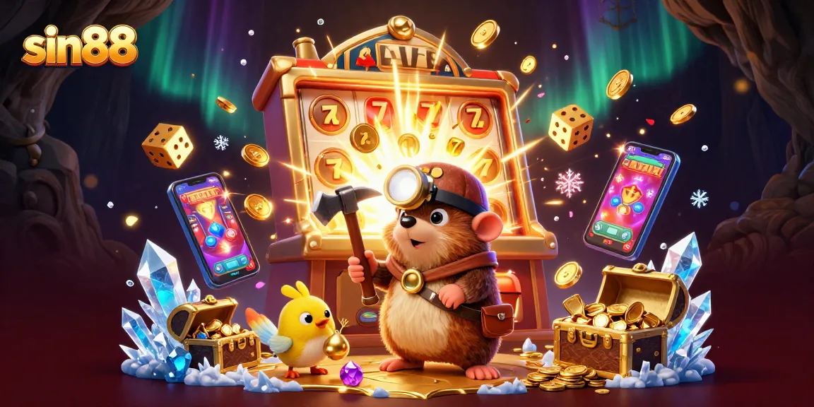 Experience sin88 with a vibrant 3D illustration of a treasure hunter mole amidst dazzling casino elements.