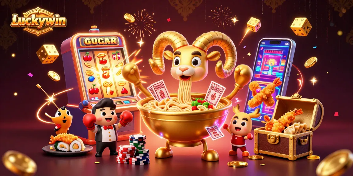 Catch the excitement at Luckywin with our vibrant casino illustration filled with jackpot and game elements.