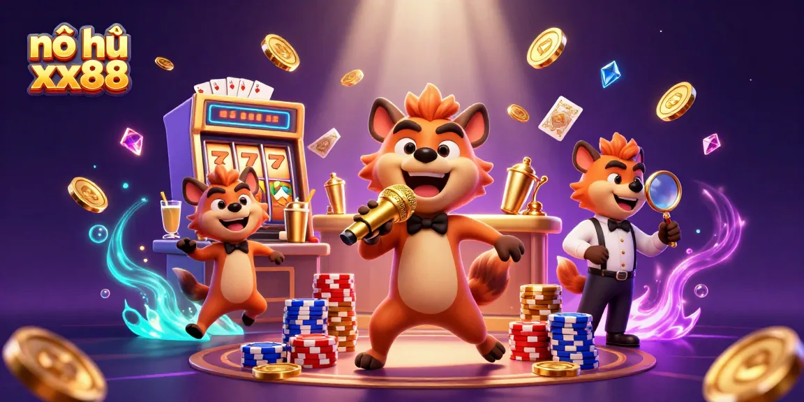 Spin the reels with nổ hũ xx88, featuring vibrant casino characters and dazzling gold coins.