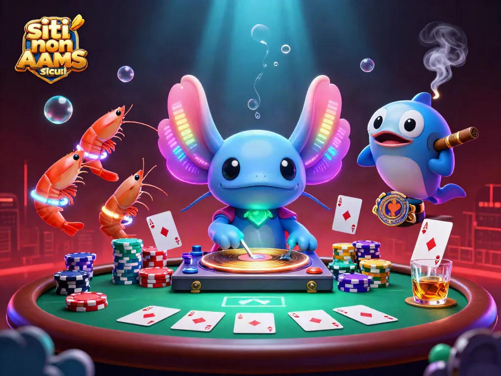 Gioca con i siti non AAMS sicuri e divertiti in un'illustrazione vivace di casinò con axolotl DJ e pesci danzanti.