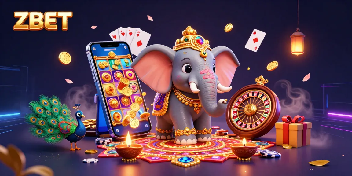ZBET showcases an immersive casino experience with a vibrant 3D illustration of an elephant, peacock, and gaming elements.