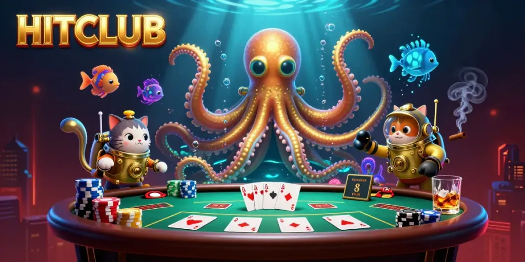 Engage with HITCLUB's immersive underwater gamble scene featuring a kraken and cat in action.