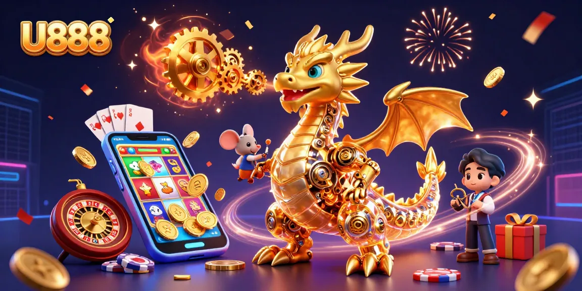 Experience the thrill of U888 with a vibrant dragon and game elements in a casino adventure.