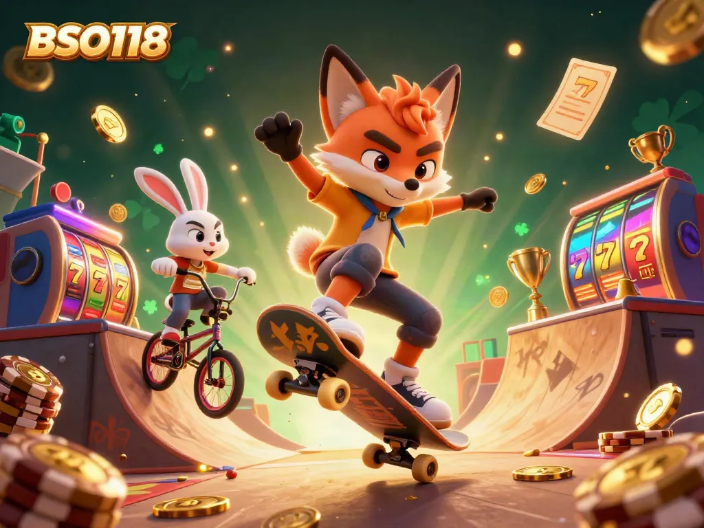 Engage with BSO118's vibrant casino atmosphere featuring a lively skateboarder fox and rabbit.
