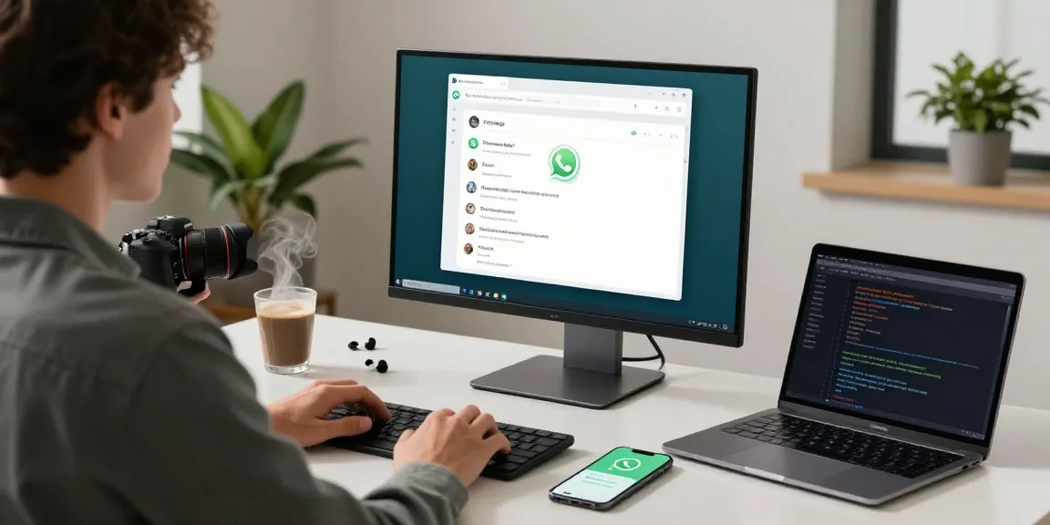 User engaging with WhatsApp電腦版 on a modern computer setup in a stylish workspace.