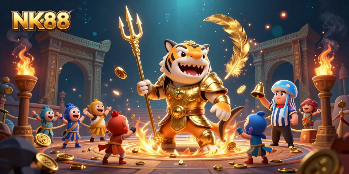 Join the excitement at NK88 with a fierce shark gladiator and cheering fish in a dynamic underwater colosseum.