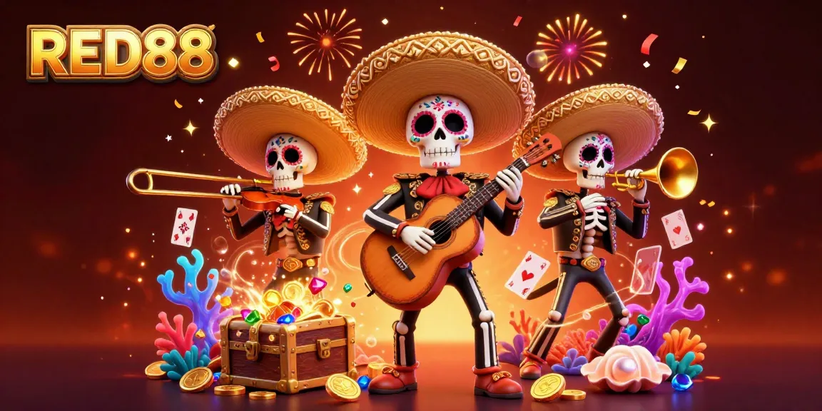 Engage with the vibrant RED88 casino scene featuring lively mariachi skeletons celebrating wins.