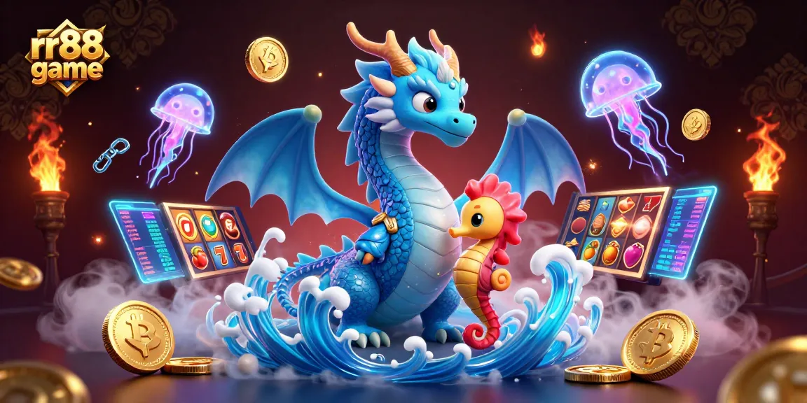 Engage in thrilling rr88 game with a magic dragon and seahorse knight surrounded by vibrant casino elements.