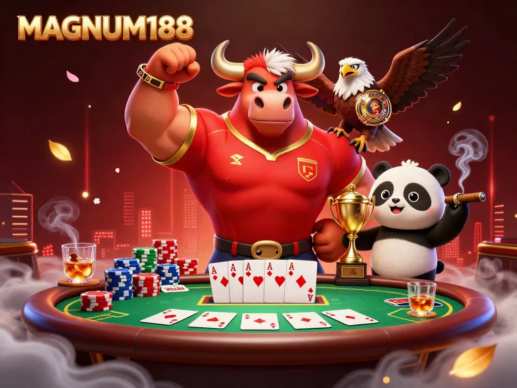 Experience victory with MAGNUM188 in this vibrant 3D illustration of casino fun.