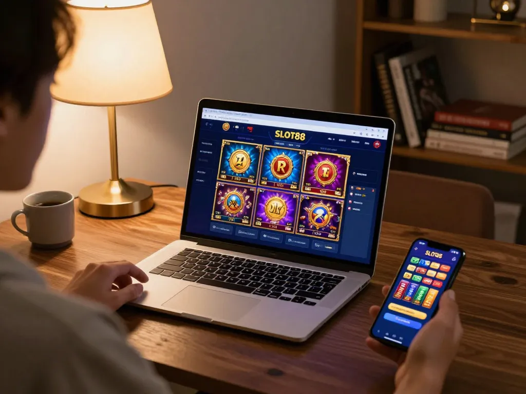 SLOT88 gaming interface displayed on a laptop during a cozy online casino session at home, showcasing engaging slot games.