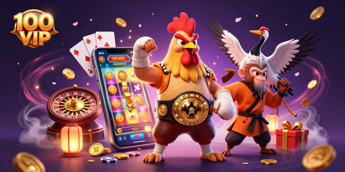 Experience exhilarating casino action with 100 VIP's vibrant 3D illustration featuring dynamic gaming elements.