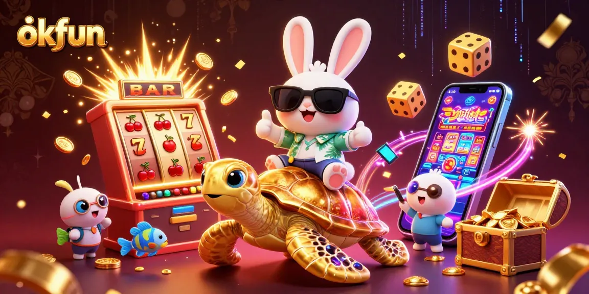 Spin the reels at okfun with a vibrant scene featuring playful characters and dynamic casino elements.