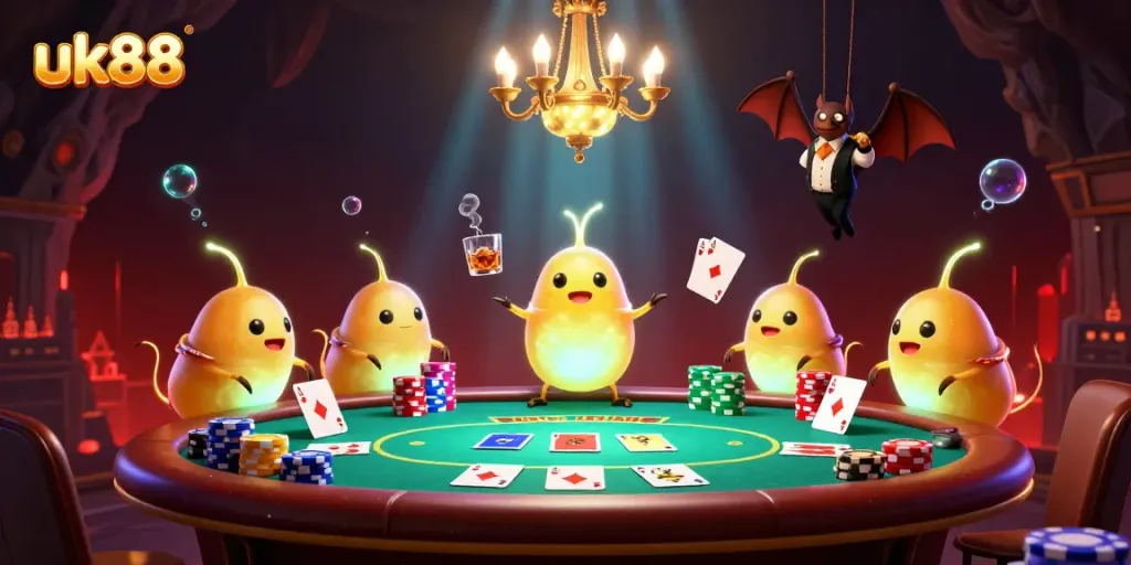 Engaging scene at uk88 casino with glowworms and vibrant poker elements creating excitement.