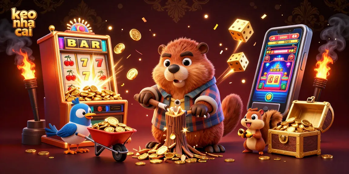 Experience keo nha cai with a 3D cartoon beaver chopping a coin tree amidst vibrant casino elements.