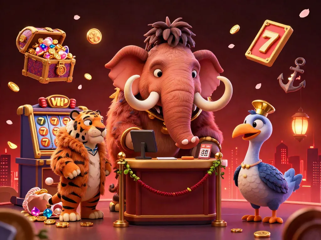 Engaging scene with 6623's woolly mammoth bouncer and tiger VIP in a vibrant casino setting enhancing excitement.
