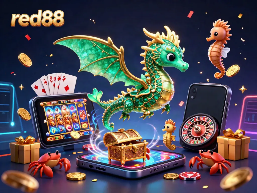 Experience the vibrant red88 gaming scene with a playful emerald sea dragon showcasing exciting casino elements.