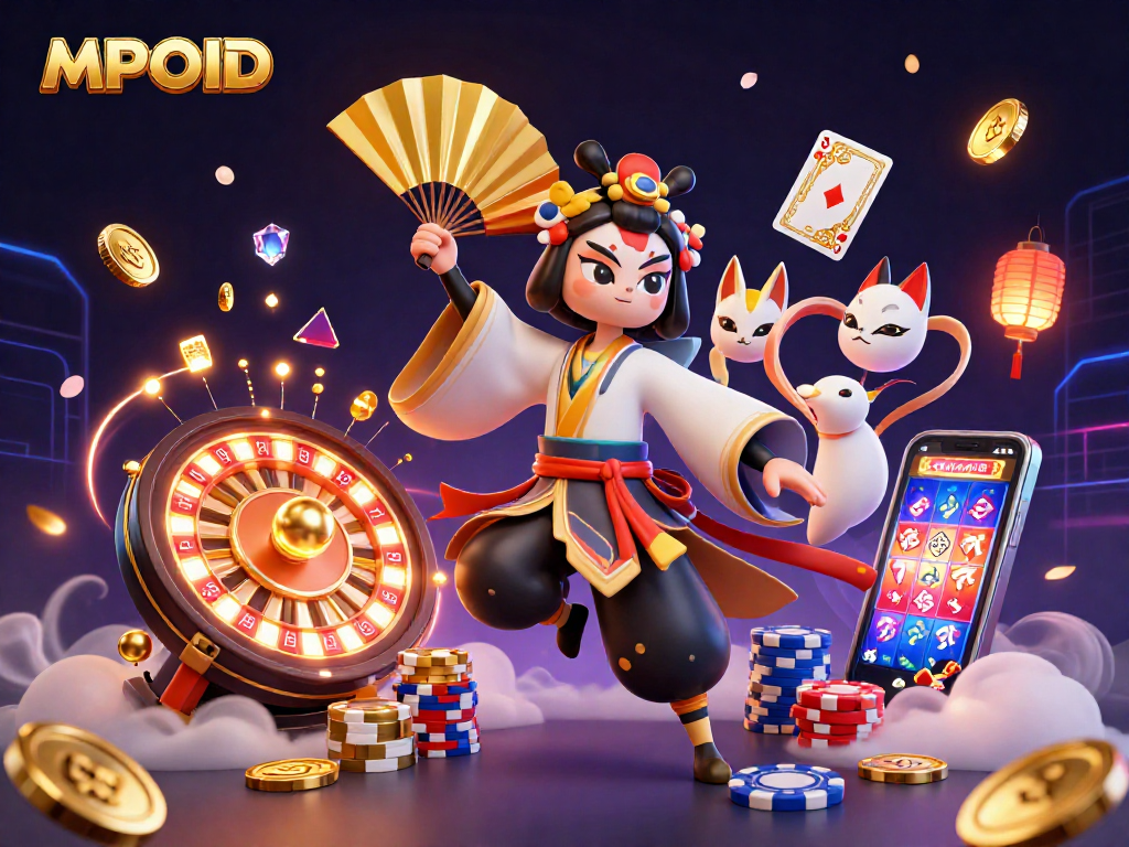 MPOID engages players with a vibrant 3D illustration showcasing lucky symbols and rich casino elements in an exciting gambling atmosphere.