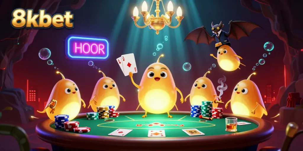 Experience 8xbet's vibrant casino adventure with glowing glowworms and exciting poker atmosphere