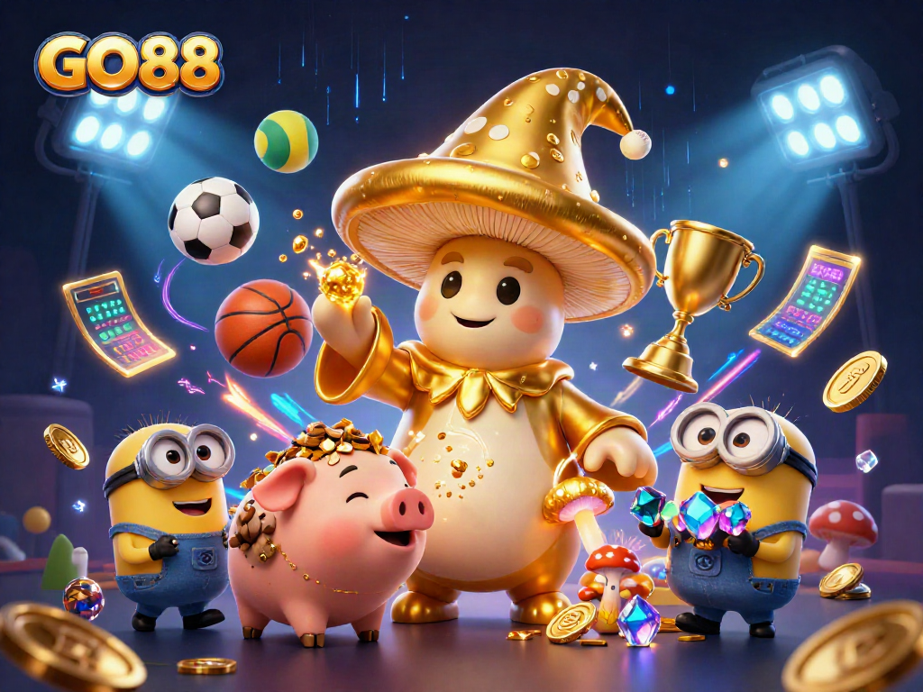 Experience the thrilling GO88 casino scene with magical characters and vibrant sports elements.