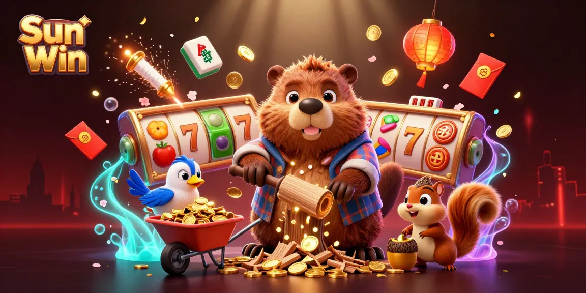 Spin the reels with Sun Win's vibrant 3D casino scene featuring golden coins and slot elements.