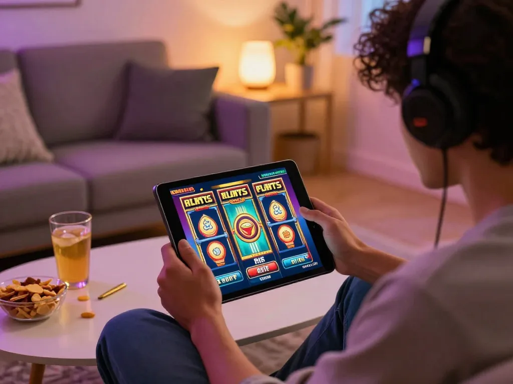 Player enjoying bet kecil slots on tablet, cozy home setup with snacks and warm lighting