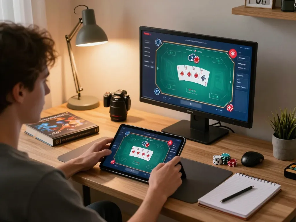 Engaged player at home using KADAL 778 for online poker, showcasing focus and excitement during gameplay