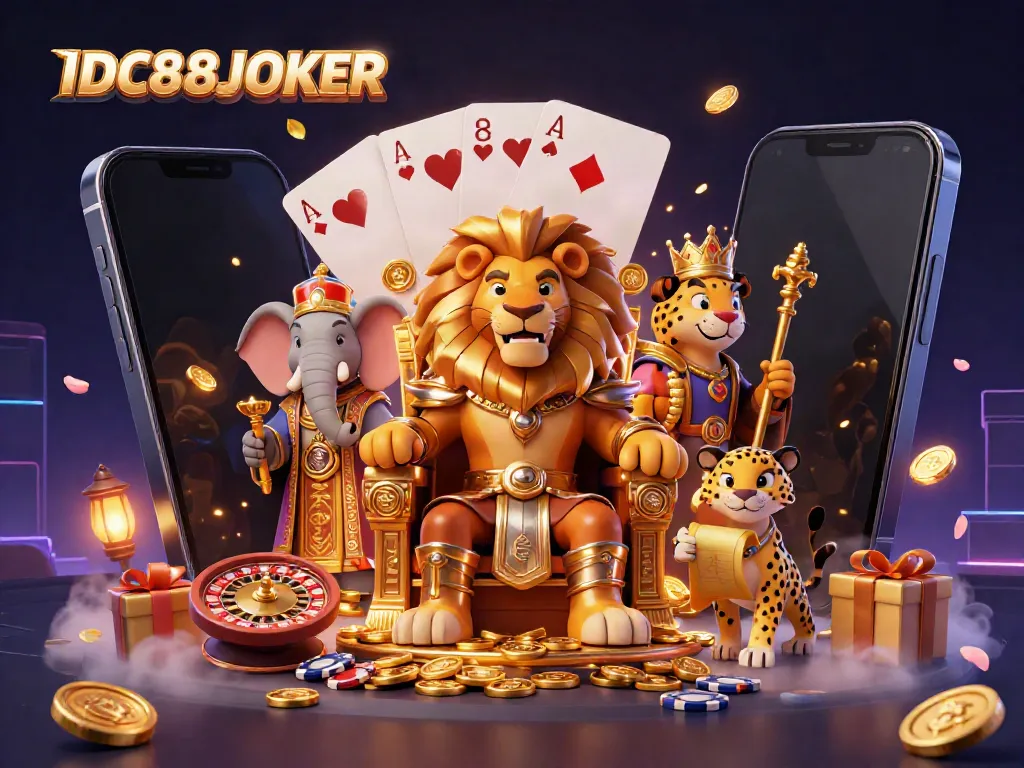 Experience the thrilling world of IDC88JOKER with an illustrated king, elephant, and cheetah surrounded by vibrant casino elements.