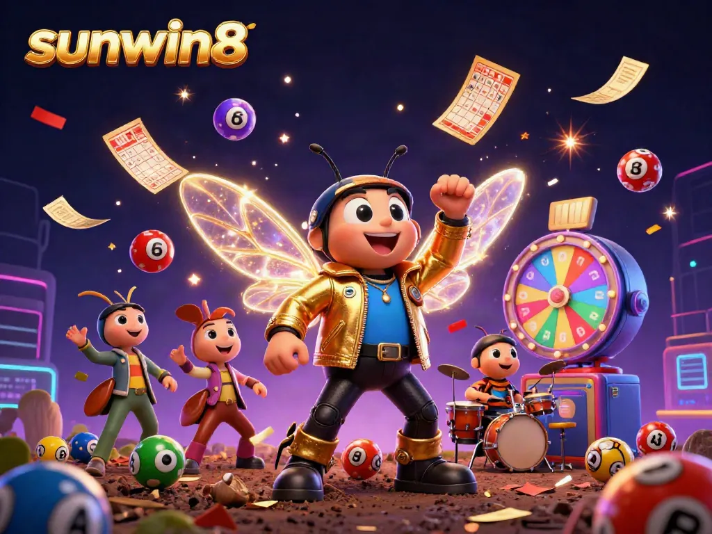 Experience thrilling winnings at sunwin8 with a vibrant 3D casino scene featuring colorful lottery elements.