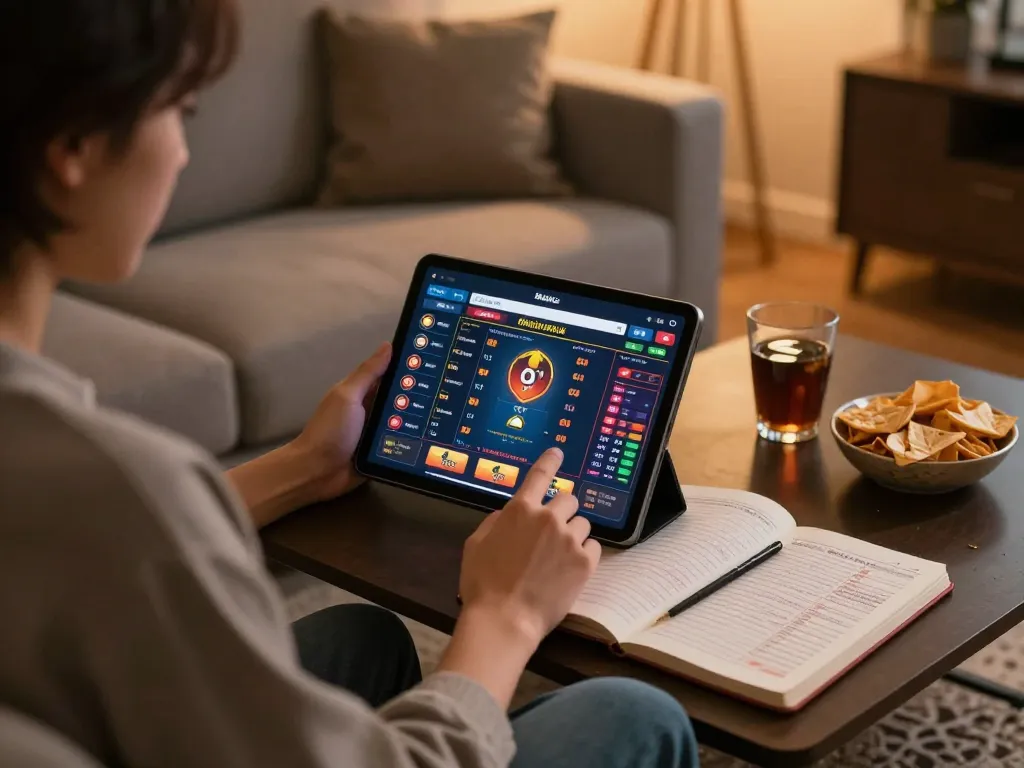 Engaging in đánh đề online with tablet showing betting interface in cozy home setting.