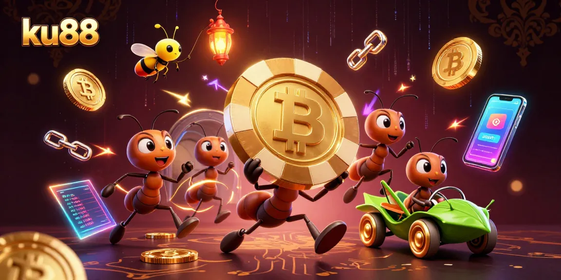 ku88 animated team of ants hoisting a giant poker chip in a crypto-inspired scene
