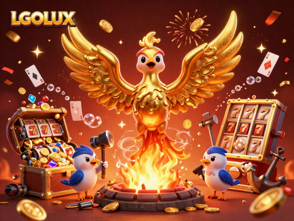 Experience LGOLUX's dynamic gaming world as the molten golden phoenix emerges amidst slot reels and treasures.