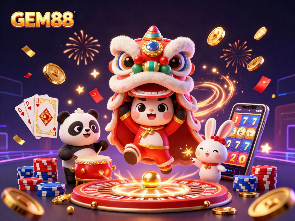 Engage with GEM88 through a vibrant 3D casino illustration featuring festive symbols and lively characters.