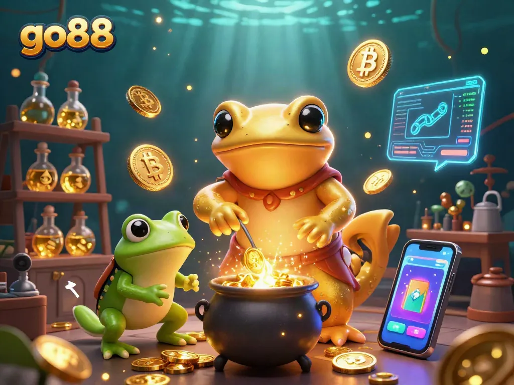 Khám phá GO88 với hình ảnh minh họa 3D của nhân vật chính, một nhà giả kim vàng, trong phòng thí nghiệm.