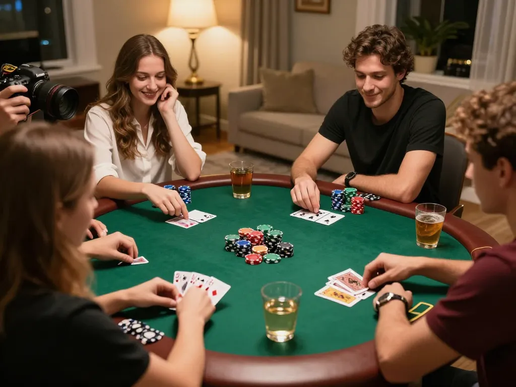 Friends enjoy a thrilling poker night experience at home while playing 78winbs.