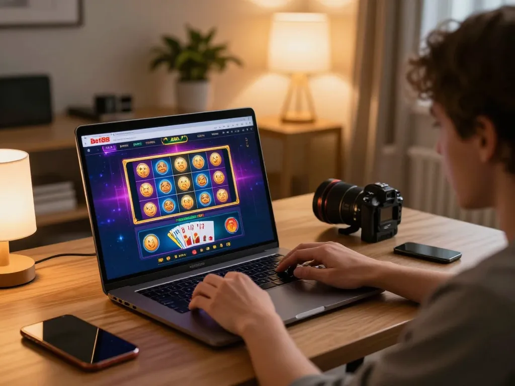Engaging in online gaming at home, highlighting the Thương hiệu Bet88 experience, with excited gameplay displayed on the laptop screen.