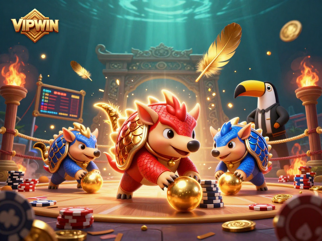 VIPWIN pangolins roll through poker chips in vibrant casino-themed scene, showcasing dynamic gambling action.