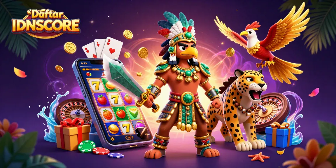 Experience the thrill of gaming with Daftar IDNSCORE featuring Aztec warriors, dynamic slot games, and exciting casino visuals.