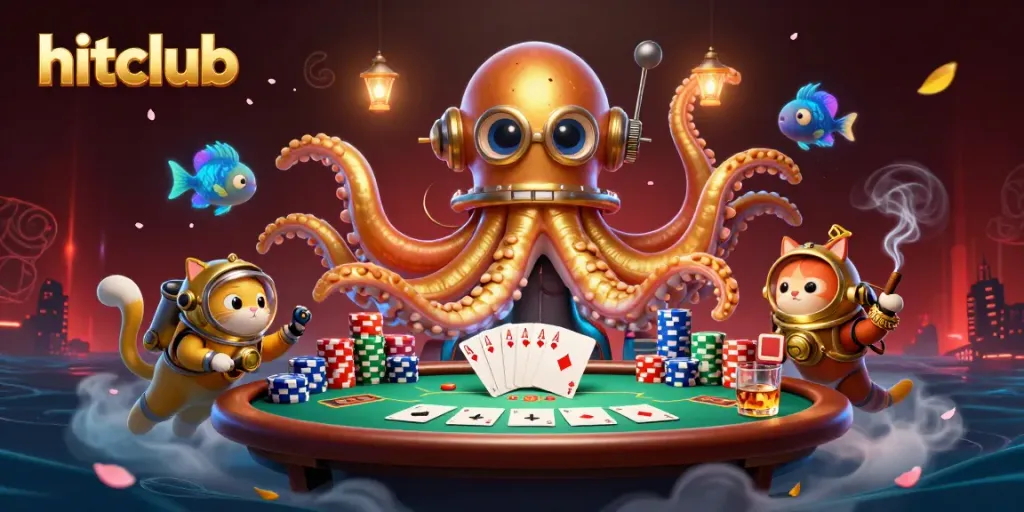 Experience the thrill of hitclub gaming with the kraken and diving cat playing poker in a vibrant 3D scene.