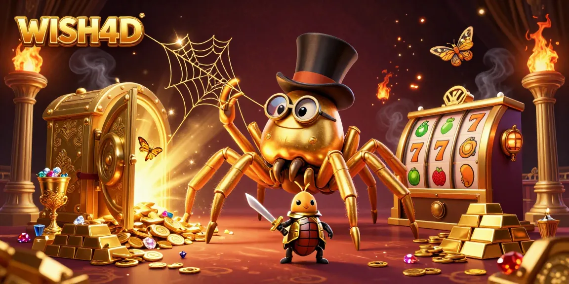 Experience the thrill of WISH4D with a golden tarantula and beetle knight in a rich casino scene.