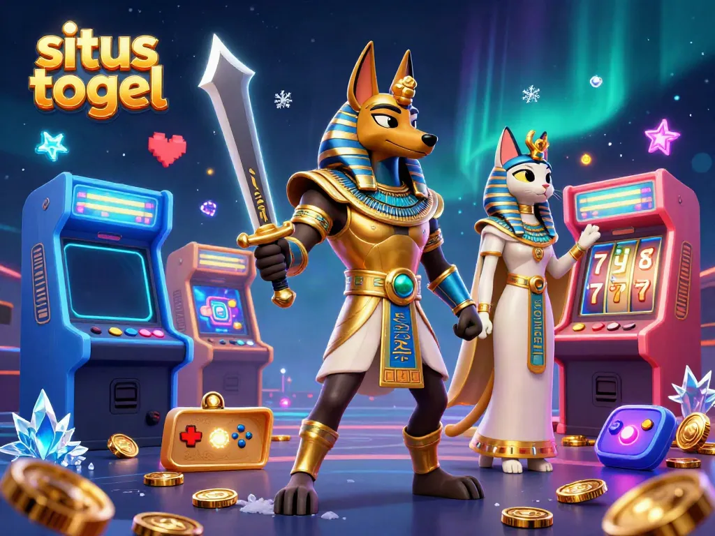 Experience situs togel excitement with Anubis and Bastet in a vibrant casino scene.