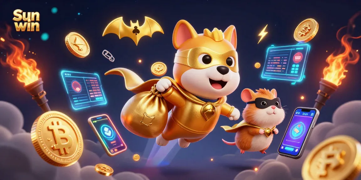 Sun win superhero dog carrying gold coins, showcasing thrilling online casino excitement.