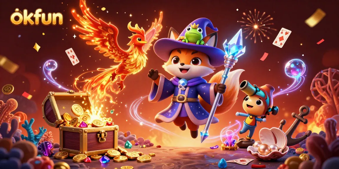 Experience the magic of okfun with an enchanting 3D casino scene featuring wizards and treasures.