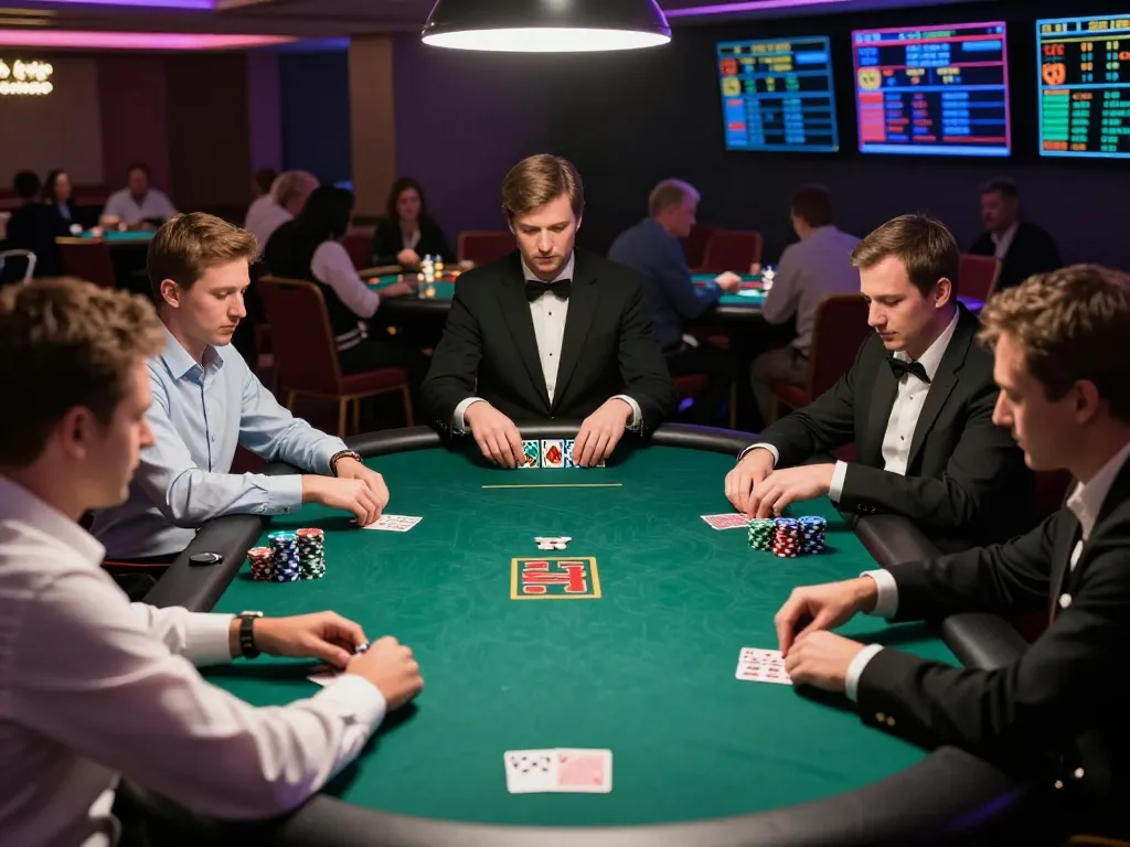 Các người chơi LUCK8 tham gia vào một ván poker có tiền cược cao, trưng bày chip và bài trong một bối cảnh sòng bạc sang trọng.