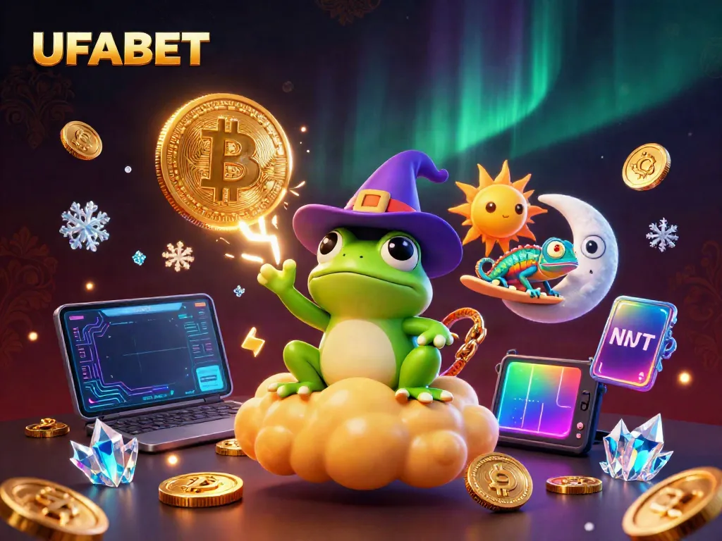 Experience UFABET with a dynamic scene featuring a whimsical frog and chameleon amidst golden coins and cryptocurrency elements.