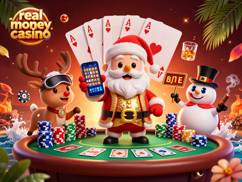 Experience the exciting world of a real money casino featuring Santa Claus and his playful companions.