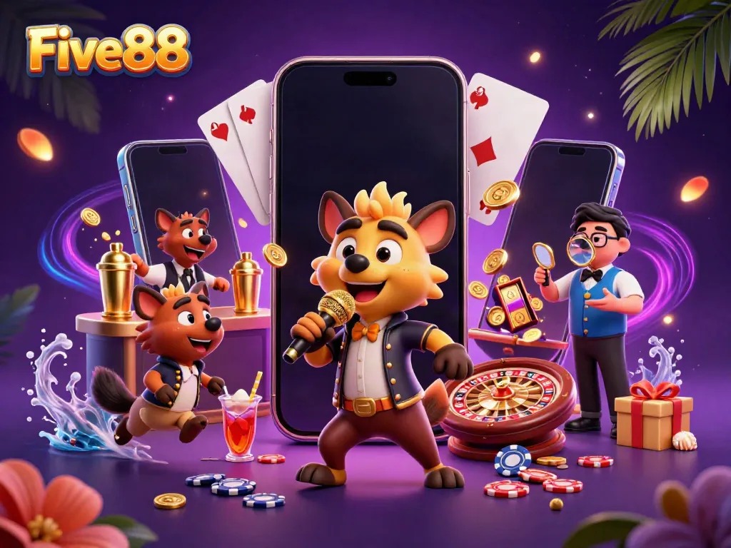 Experience the vibrant world of Five88 with hyenas in a comedy casino scene.