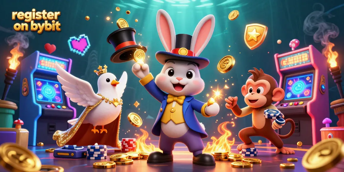 Register on Bybit with a captivating illustration featuring a magician rabbit and casino games.